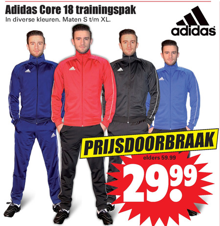 deuropening rooster Geslaagd Adidas heren trainingspak folder aanbieding bij Dirk - details