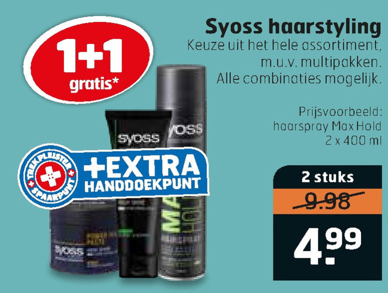 beheerder kijk in bespotten Syoss hairspray, haargel folder aanbieding bij Trekpleister - details