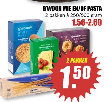 Gwoon   macaroni, spaghetti folder aanbieding bij  MCD Supermarkt Basis - details