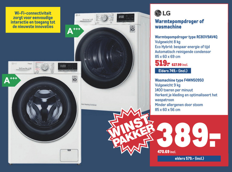 LG wasmachine, warmtepompdroger bij Makro - details