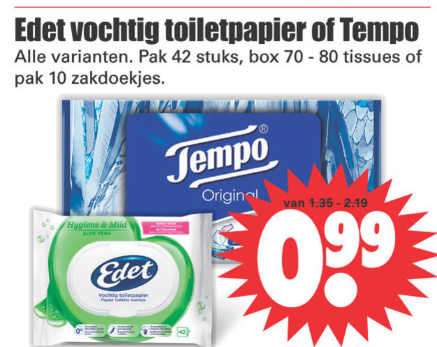 Tempo   vochtig toiletpapier, tissue folder aanbieding bij  Dirk - details