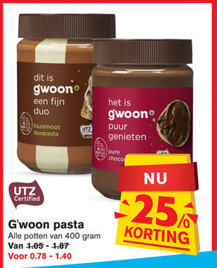 Gwoon   hazelnootpasta, chocoladepasta folder aanbieding bij  Hoogvliet - details