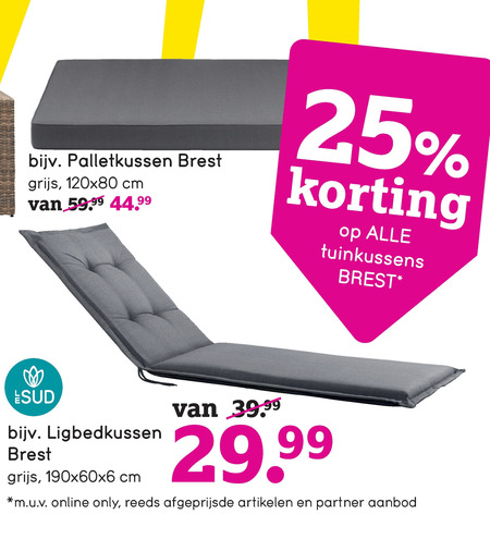 Gepensioneerde bezorgdheid lens ligstoelkussen, loungekussen folder aanbieding bij Leenbakker - details