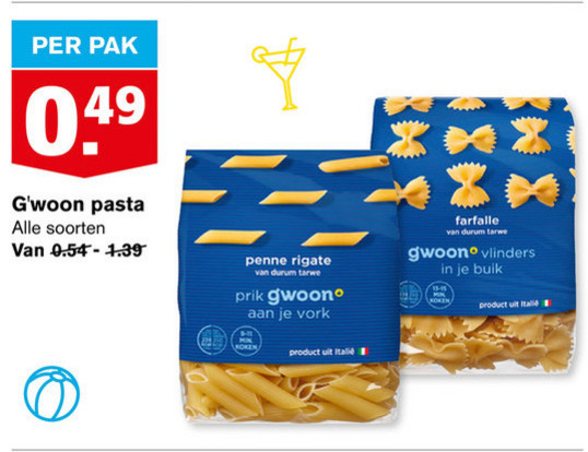 Gwoon   farfalle, penne rigate folder aanbieding bij  Hoogvliet - details