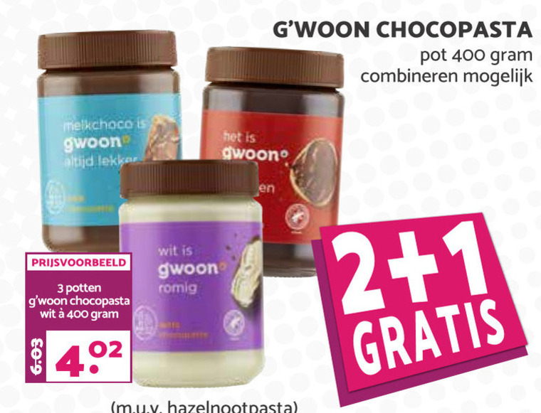 Gwoon   chocoladepasta, hazelnootpasta folder aanbieding bij  Boons Markt - details