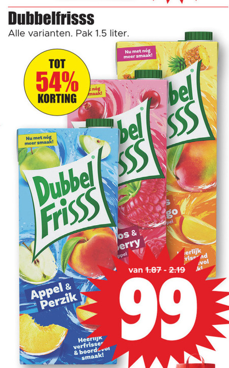 Dubbelfrisss   fruitdrank folder aanbieding bij  Dirk - details