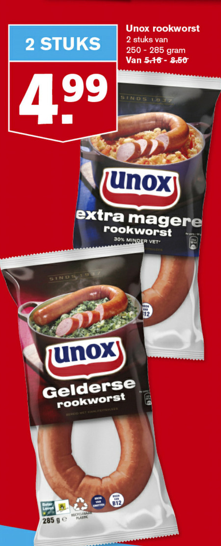 Unox   rookworst folder aanbieding bij  Hoogvliet - details