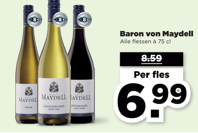 Baron von Maydell   rode wijn, witte wijn folder aanbieding bij  Plus - details