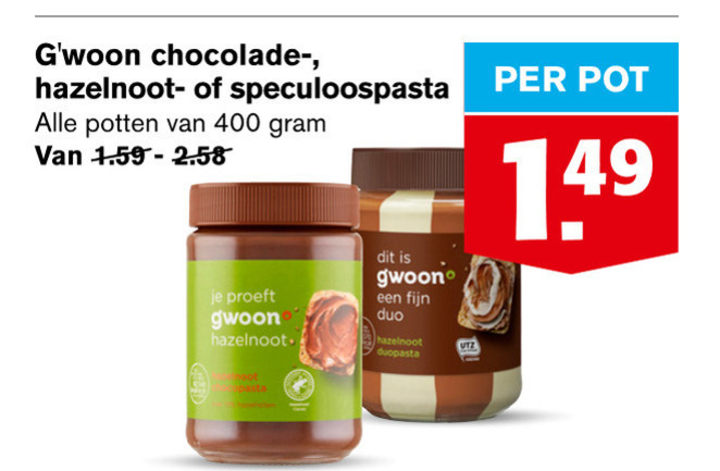 Gwoon   chocoladepasta, speculaaspasta folder aanbieding bij  Hoogvliet - details