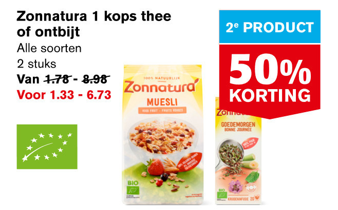 Zonnatura   thee, muesli folder aanbieding bij  Hoogvliet - details