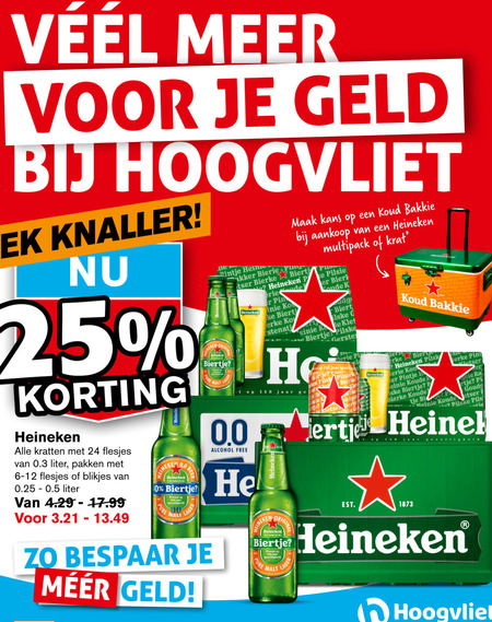 Heineken   blikje bier, krat bier folder aanbieding bij  Hoogvliet - details