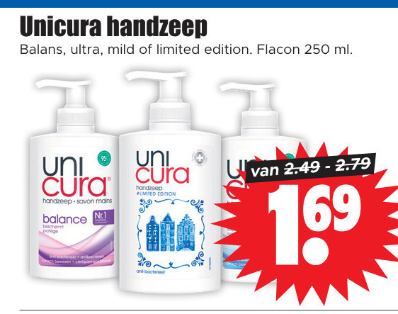 Unicura   handzeep folder aanbieding bij  Dirk - details