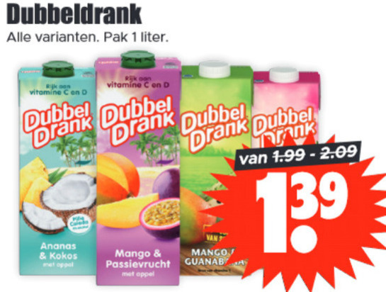 Dubbeldrank   fruitdrank folder aanbieding bij  Dirk - details