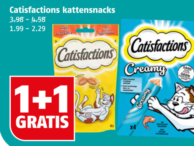 Catisfactions   kattensnacks folder aanbieding bij  Poiesz - details