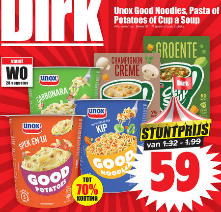 Unox   noodles, aardappelpuree folder aanbieding bij  Dirk - details