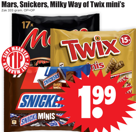 Snickers   mini chocoladerepen folder aanbieding bij  Dirk - details