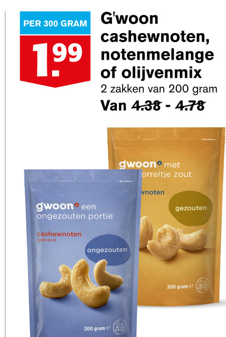 Gwoon   cashewnoten, noten folder aanbieding bij  Hoogvliet - details