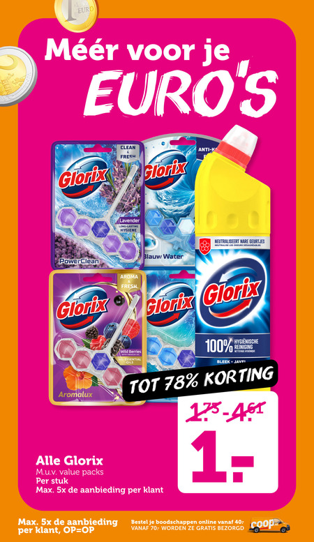 Glorix   toiletblok, bleekmiddel folder aanbieding bij  Coop - details