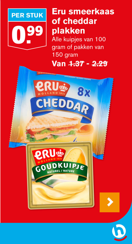 Eru   cheddar, smeerkaas folder aanbieding bij  Hoogvliet - details