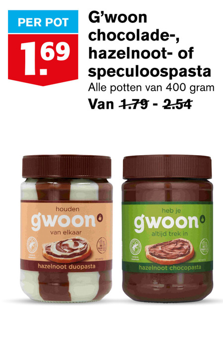 Gwoon   hazelnootpasta folder aanbieding bij  Hoogvliet - details