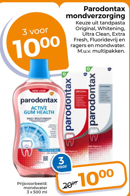 Paradontax   mondwater, tandpasta folder aanbieding bij  Trekpleister - details