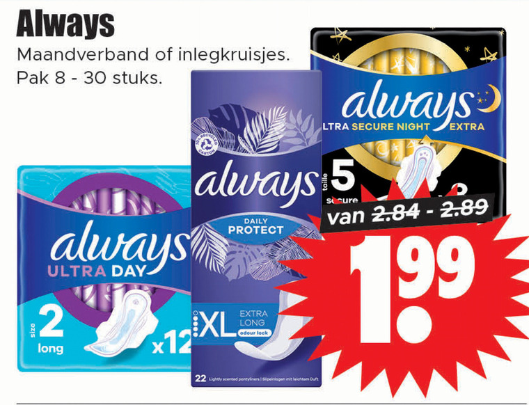 Always   maandverband, inlegkruisjes folder aanbieding bij  Dirk - details