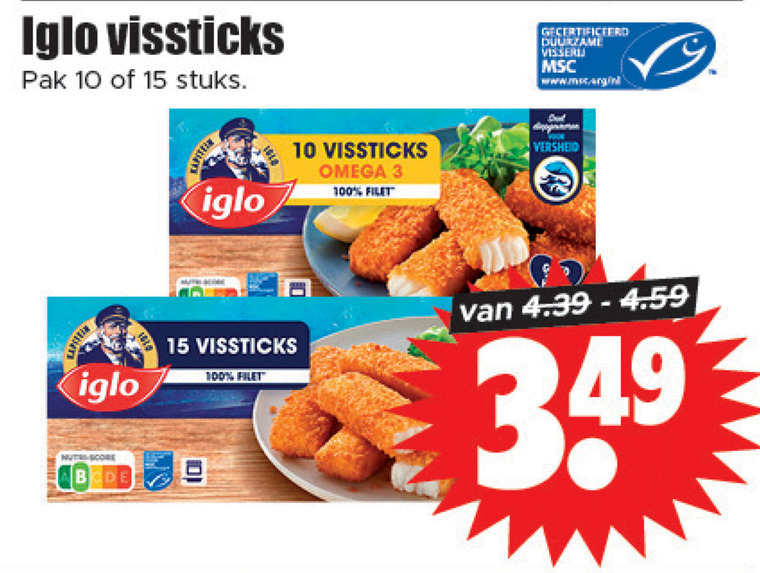 Iglo   vissticks folder aanbieding bij  Dirk - details