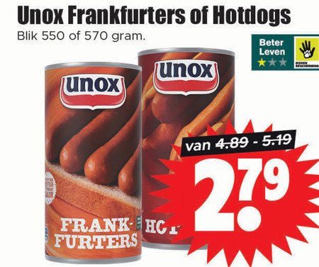 Unox   knakworst, hotdogworstjes folder aanbieding bij  Dirk - details