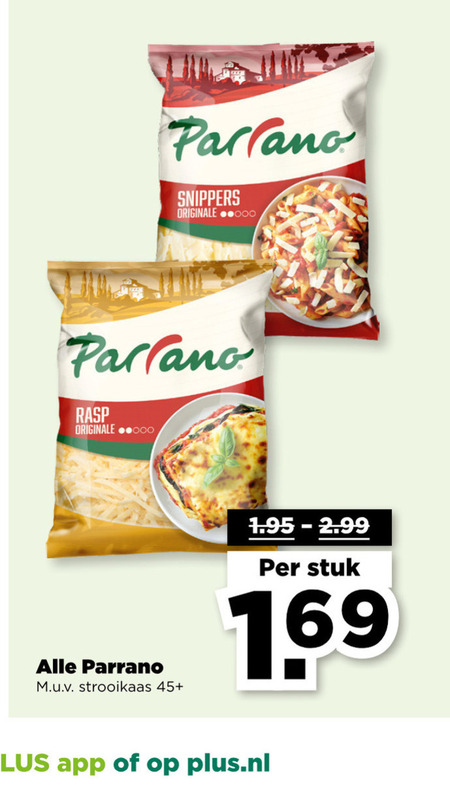 Parrano   geraspte kaas folder aanbieding bij  Plus - details