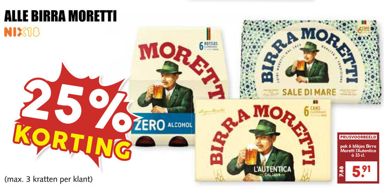 Birra Moretti   krat bier, blikje bier folder aanbieding bij  MCD Supermarkt Basis - details