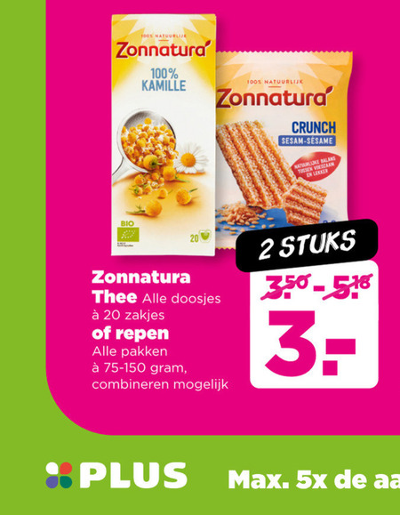 Zonnatura   thee, mueslireep folder aanbieding bij  Plus - details