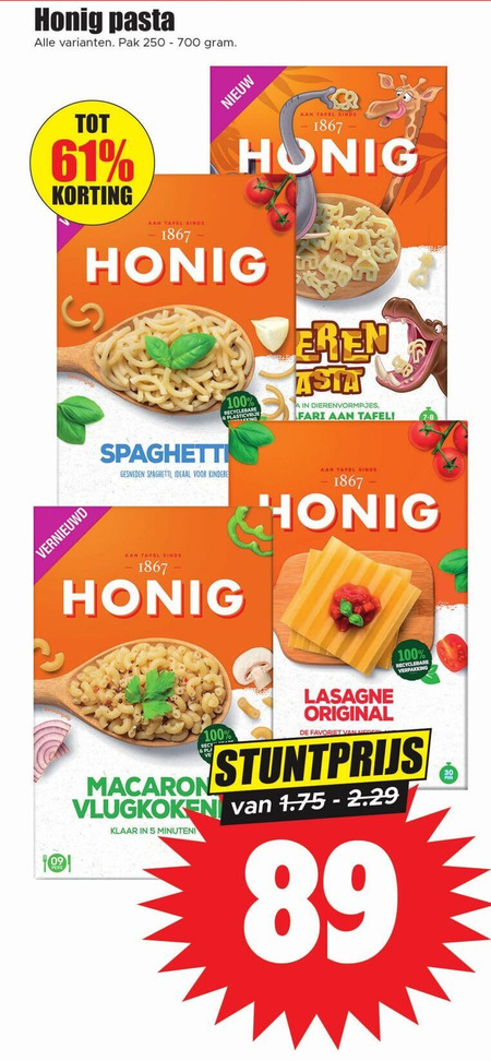 Honig   lasagnebladen, spaghetti folder aanbieding bij  Dirk - details