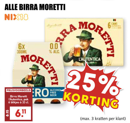 Birra Moretti   krat bier, blikje bier folder aanbieding bij  MCD Supermarkt Basis - details