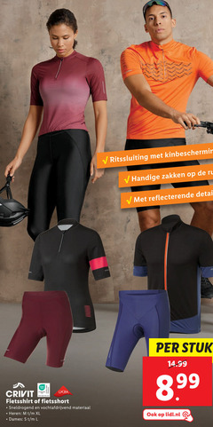  ritssluiting kinbescherming zakken details crivit standard lycra fietsshirt fietsshort vochtafdrijvend materiaal heren xl dames l stuk lidl.nl 