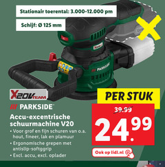  stationair toerental schijf mm parkside iii accu excentrische schuurmachine v20 grof fijn schuren o.a. hout fineer lak plamuur ergonomische grepen antislip oplader stuk lidl.nl 