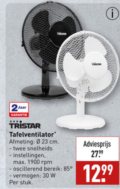  23 30 tristar 2jaar tafelventilator cm twee snelheids instellingen rpm oscillerend bereik vermogen stuk 