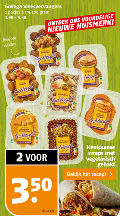  2 350 vleesvervangers 200 nieuwe huismerk eiwitten balletjes kipstukjes burger vega krokants kilo v.a. rulgehakt mexicaanse wraps vegetarisch gehakt bekijk recept 