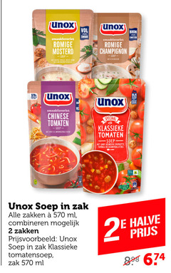  2 unox romige mosterd soep wet pom chinese tomaten lente champignon klassieke grof gesneden courgette paprika gehaktballetjes zak zakken ml combineren tomatensoep halve 2e 