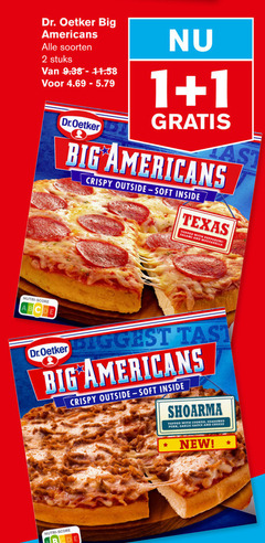  1 2 dr. oetker big americans soorten stuks dr.oetker crispy outside soft inside texas topped with pepperoni salami and mozzarella nutri score abc shoarma cooked seasoned garlic sauce cheese new 