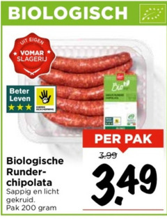  200 biologisch vit slagerij beter leven bescherming biologische runder chipolata sappig licht gekruid pak 3.99 