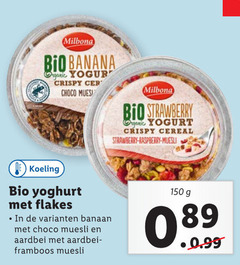  150 milbona bio banana organic crispy choco strawberry yoghurt cereal raspberry muesli koeling flakes banaan aardbei framboos 