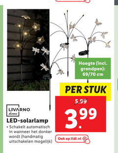  livarno home led solarlamp schakelt automatisch donker handmatig uitschakelen hoogte grondpen 69 cm stuk 5.99 3.99 lidl.nl 