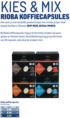  rioba koffiecups 3 5 9 10 50 100 260 mix koffiecapsules eenzelfde koopt minder stuk makro favoriete smaken gasten kiezen dozen capsules espresso lungo aluminium fierce arabica robusta blend nespresso compatible bold strong doos stuks 5.99 ge spicy 