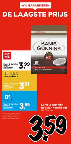  kanis en gunnink koffiepads 16 36 regular pak stuks jumbo supermarkten 3.99 online geverifieerd picnic albert maandag 3 