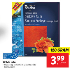  120 nautica gerookte wilde sockeye zalm saumon sauvage gesneden tranches gecertificeerd duurzame visserij www.msc.org nl berkenhout 3.99 