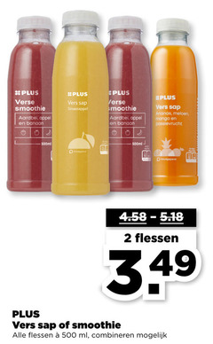  2 3 500 verse smoothie aardbei appel banaan vers sap sinaasappel 500ml koudgeperst ananas meloen mango passievrucht flessen ml combineren 