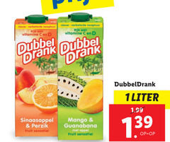  dubbeldrank fruitdrank 1 receptuur rijk vitamine dubbel drank sinaasappel perzik fruit sensatie mango guanabana appel liter 