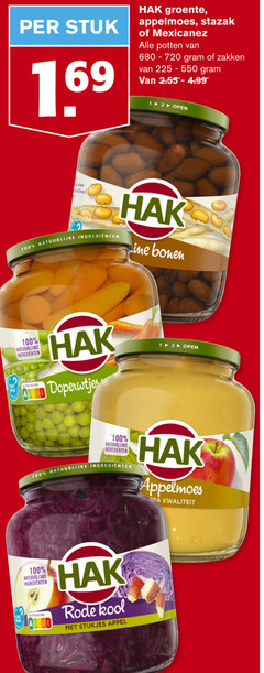  hak bonen groenteconserven appelmoes 12 100 stuk groente stazak potten 680-720 zakken open natuurlijke ingredienten score doperwtjes rode kool stukjes appel 