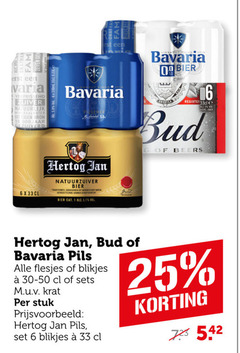  hertog jan bud bavaria blikjes bier 1 6 10 16 25 33 varia verfrissend zuiver natuurlijk mineraalwater gezuiverd natuurzuiver traditioneel 5 america register beers pils krat stuk 