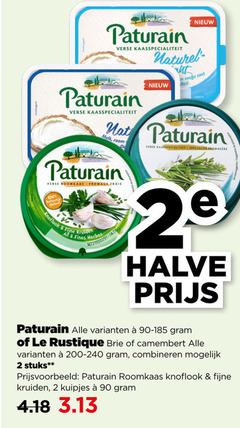  2 90 100 paturain verse kaasspecialiteit naturel snufje zout mat melk room roomkaas fromage frais natuurlijk knoflook fine kruiden finest specialite 2e halve le rustique brie camembert combineren stuks fijne kuipjes 